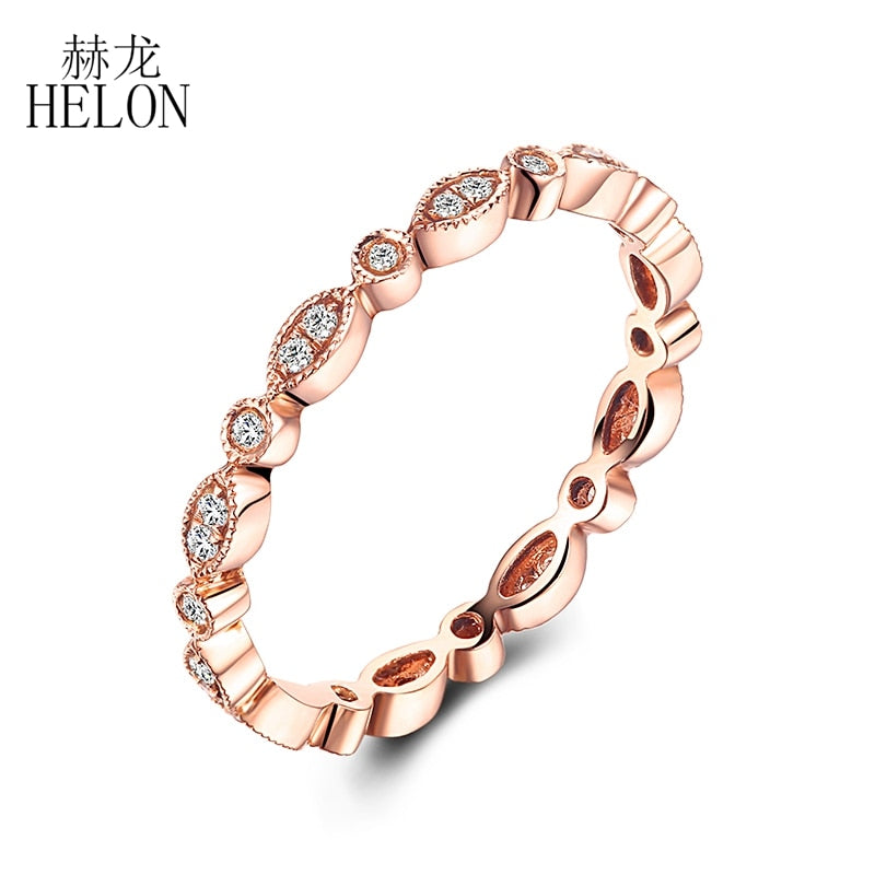 HELON Fine Diamonds Band Solid 14K Rose Gold Pave Bezel Setting Natural Diamond Wedding Ring Art Deco Antique Anniversary BAND