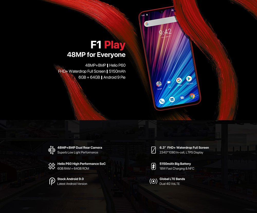 UMIDIGI F1 Play Android 9.0 48MP+8MP+16MP Cameras 5150mAh 6GB RAM 64GB ROM 6.3" FHD+ Helio P60 Global Version Smartphone Dual 4G