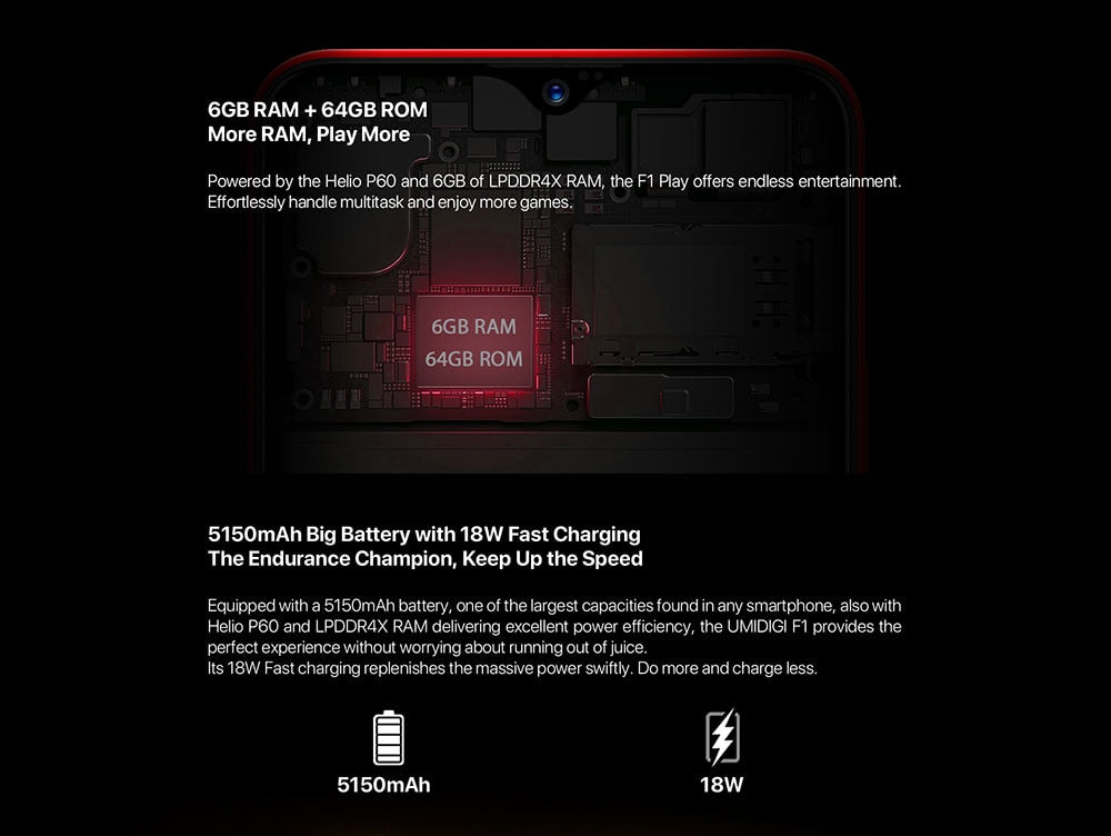 UMIDIGI F1 Play Android 9.0 48MP+8MP+16MP Cameras 5150mAh 6GB RAM 64GB ROM 6.3" FHD+ Helio P60 Global Version Smartphone Dual 4G