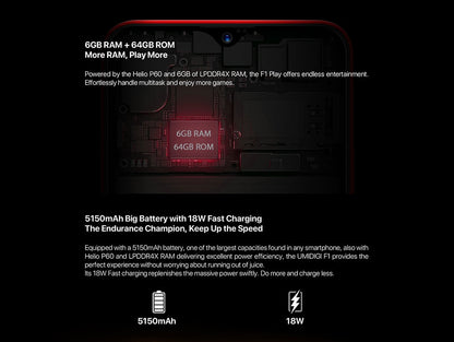 UMIDIGI F1 Play Android 9.0 48MP+8MP+16MP Cameras 5150mAh 6GB RAM 64GB ROM 6.3" FHD+ Helio P60 Global Version Smartphone Dual 4G