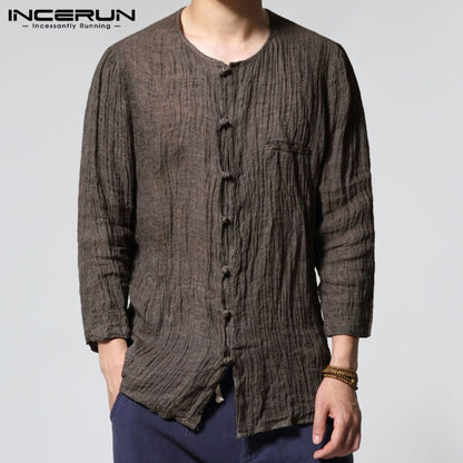 INCERUN 2019 chino estilo hombres camisas de cuello redondo de 3/4 algodón de manga Vintage Camisa Casual Delgado Fitness Camisa Masculina S-3XL