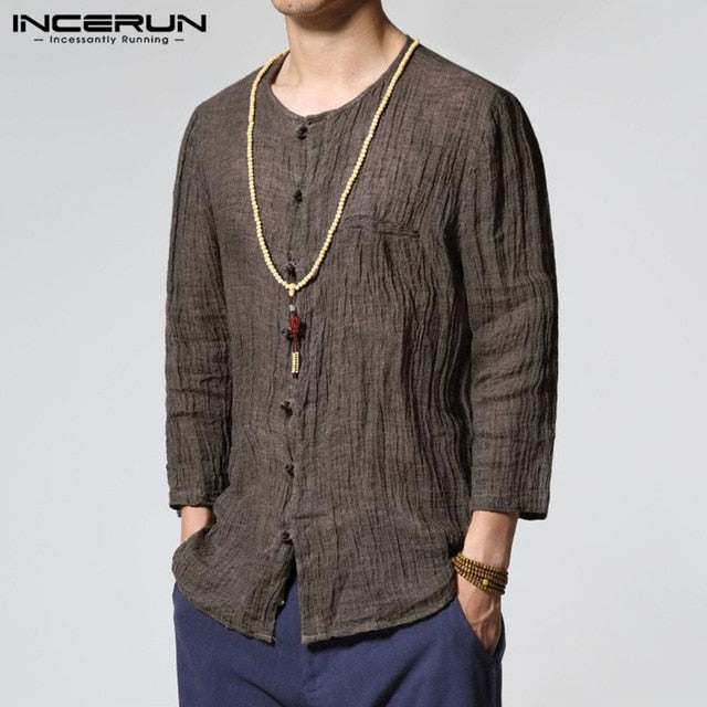 INCERUN 2019 chino estilo hombres camisas de cuello redondo de 3/4 algodón de manga Vintage Camisa Casual Delgado Fitness Camisa Masculina S-3XL