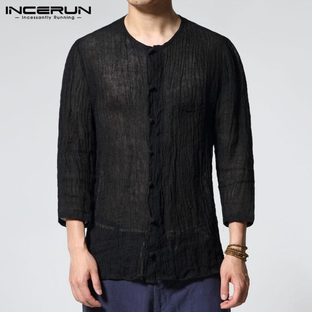 INCERUN 2019 chino estilo hombres camisas de cuello redondo de 3/4 algodón de manga Vintage Camisa Casual Delgado Fitness Camisa Masculina S-3XL