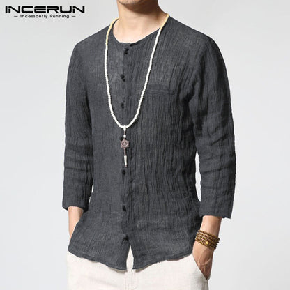 INCERUN 2019 chino estilo hombres camisas de cuello redondo de 3/4 algodón de manga Vintage Camisa Casual Delgado Fitness Camisa Masculina S-3XL