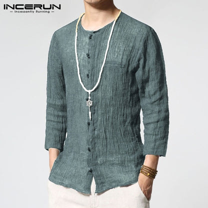 INCERUN 2019 chino estilo hombres camisas de cuello redondo de 3/4 algodón de manga Vintage Camisa Casual Delgado Fitness Camisa Masculina S-3XL