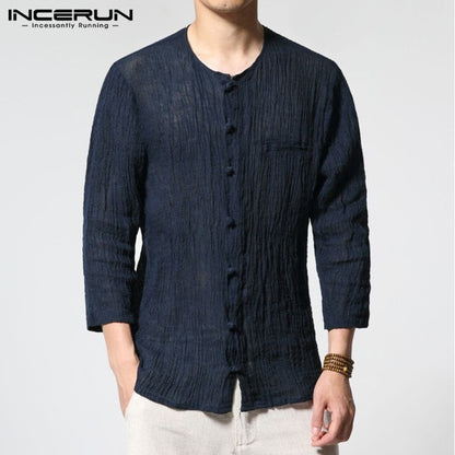 INCERUN 2019 chino estilo hombres camisas de cuello redondo de 3/4 algodón de manga Vintage Camisa Casual Delgado Fitness Camisa Masculina S-3XL