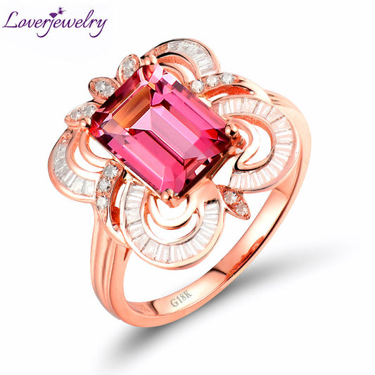 Solid 18kt Rose Gold Diamond  Emerald Cut Wedding Pink Tourmaline  Ring For Women Jewelry on Sale WU281