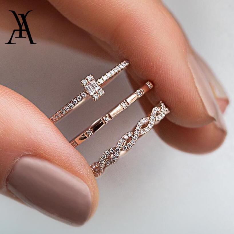 AY 3Pcs/Set Fashion Geometry Intersect Crystal Rings Set For Women Girls Engagement Wedding Rings Female Party Jewelry Gifts