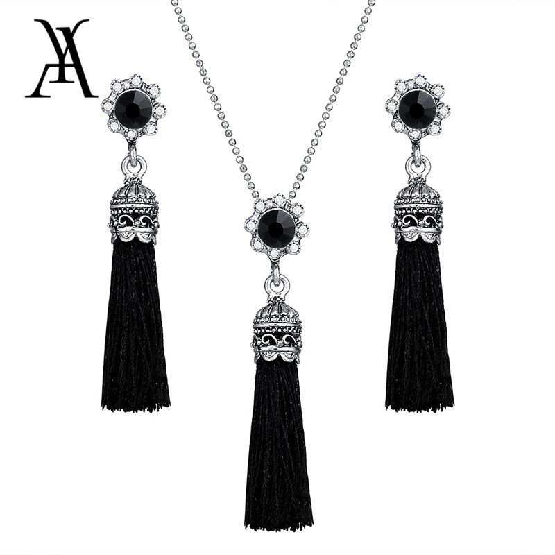 AY Fashion Tassel Flower Drop Jewelry Set For Women Black Color Long Necklace Pendant Crystal Earrings Wedding Jewelry Gift