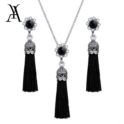 AY Fashion Tassel Flower Drop Jewelry Set For Women Black Color Long Necklace Pendant Crystal Earrings Wedding Jewelry Gift