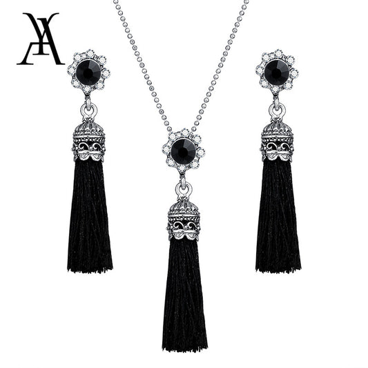 AY Fashion Tassel Flower Drop Jewelry Set For Women Black Color Long Necklace Pendant Crystal Earrings Wedding Jewelry Gift - testanother