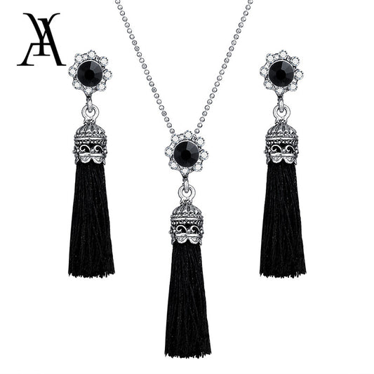AY Fashion Tassel Flower Drop Jewelry Set For Women Black Color Long Necklace Pendant Crystal Earrings Wedding Jewelry Gift