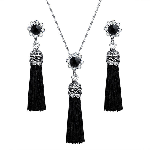 AY Fashion Tassel Flower Drop Jewelry Set For Women Black Color Long Necklace Pendant Crystal Earrings Wedding Jewelry Gift