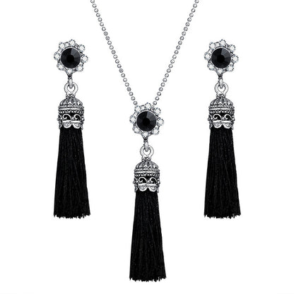 AY Fashion Tassel Flower Drop Jewelry Set For Women Black Color Long Necklace Pendant Crystal Earrings Wedding Jewelry Gift