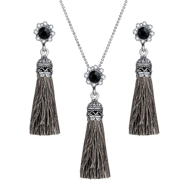 AY Fashion Tassel Flower Drop Jewelry Set For Women Black Color Long Necklace Pendant Crystal Earrings Wedding Jewelry Gift