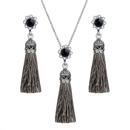 AY Fashion Tassel Flower Drop Jewelry Set For Women Black Color Long Necklace Pendant Crystal Earrings Wedding Jewelry Gift