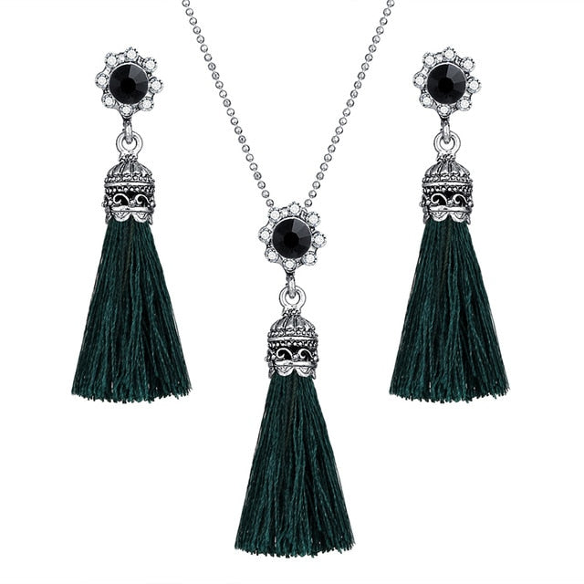 AY Fashion Tassel Flower Drop Jewelry Set For Women Black Color Long Necklace Pendant Crystal Earrings Wedding Jewelry Gift