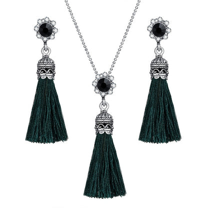 AY Fashion Tassel Flower Drop Jewelry Set For Women Black Color Long Necklace Pendant Crystal Earrings Wedding Jewelry Gift