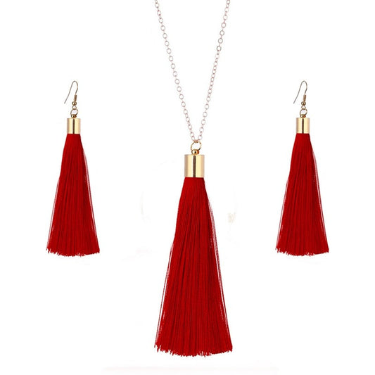 European Exaggerated Jewelry Set Ethnic Boho Long Tassel Drop Earrings Necklace Women Fashion Punk Fringed Pendant Chain Collar - testanother