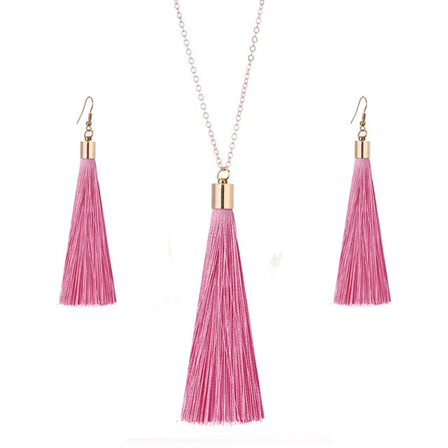 European Exaggerated Jewelry Set Ethnic Boho Long Tassel Drop Earrings Necklace Women Fashion Punk Fringed Pendant Chain Collar