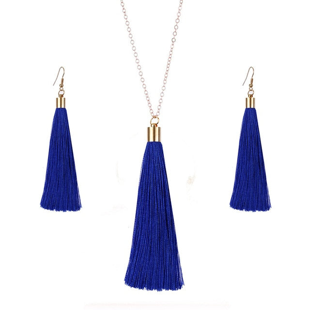 European Exaggerated Jewelry Set Ethnic Boho Long Tassel Drop Earrings Necklace Women Fashion Punk Fringed Pendant Chain Collar