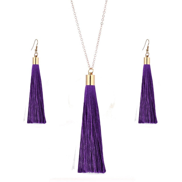 European Exaggerated Jewelry Set Ethnic Boho Long Tassel Drop Earrings Necklace Women Fashion Punk Fringed Pendant Chain Collar