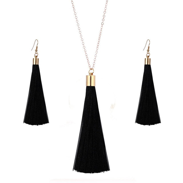 European Exaggerated Jewelry Set Ethnic Boho Long Tassel Drop Earrings Necklace Women Fashion Punk Fringed Pendant Chain Collar