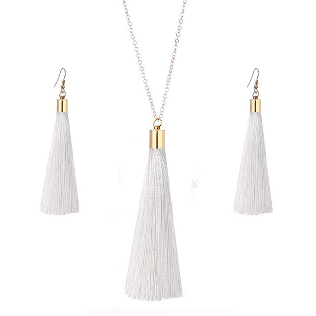 European Exaggerated Jewelry Set Ethnic Boho Long Tassel Drop Earrings Necklace Women Fashion Punk Fringed Pendant Chain Collar