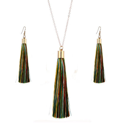 European Exaggerated Jewelry Set Ethnic Boho Long Tassel Drop Earrings Necklace Women Fashion Punk Fringed Pendant Chain Collar