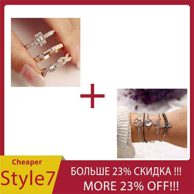 AY 3Pcs/Set Fashion Geometry Intersect Crystal Rings Set For Women Girls Engagement Wedding Rings Female Party Jewelry Gifts