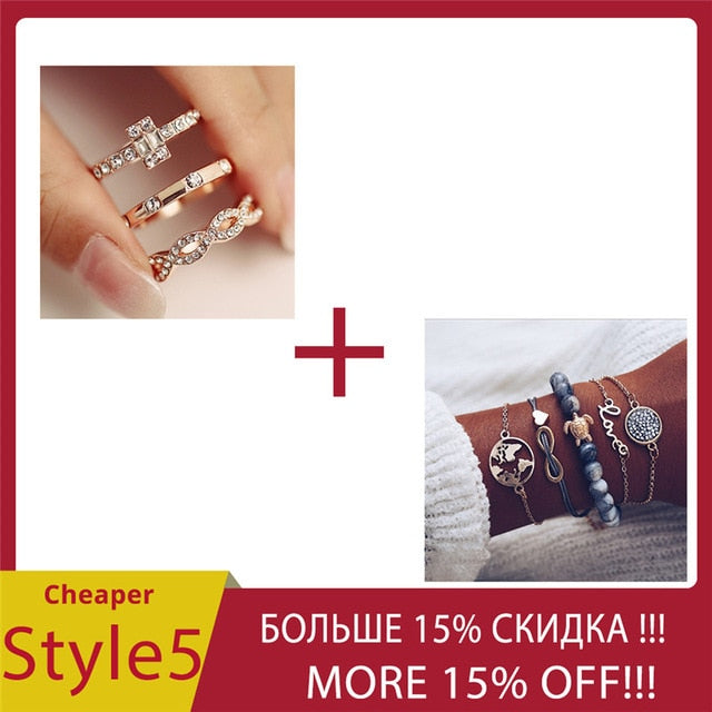 AY 3Pcs/Set Fashion Geometry Intersect Crystal Rings Set For Women Girls Engagement Wedding Rings Female Party Jewelry Gifts