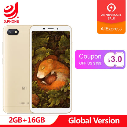 Original Global Version Xiaomi Redmi 6A 18:9 Full Screen MTK Helio A22 MIUI 9 2GB 16GB 4G LTE AI 13.0MP Face Recognition 6 A