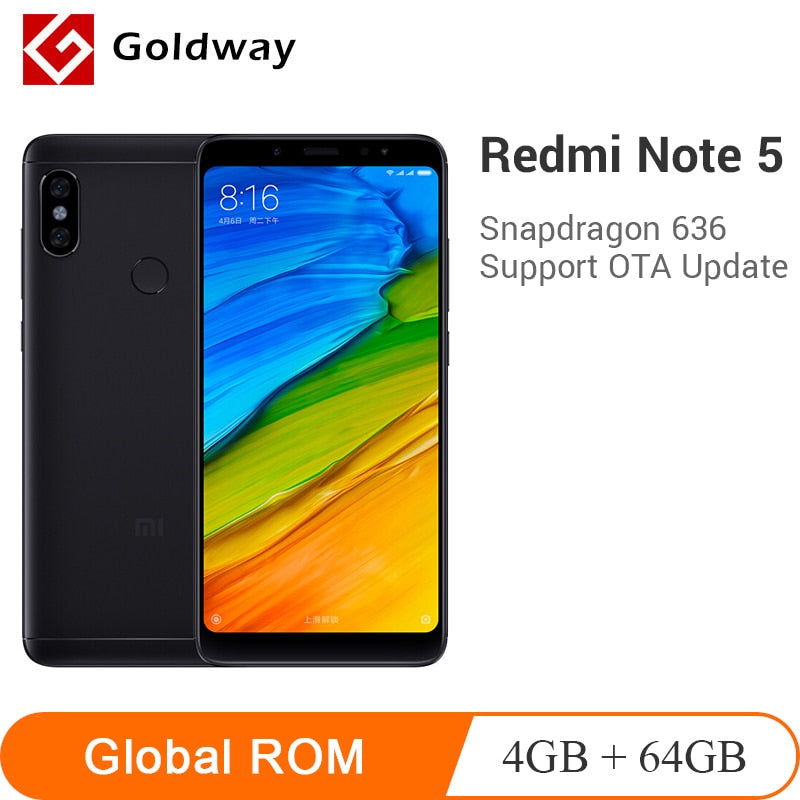 Original Xiaomi Redmi Note 5 4GB RAM 64GB ROM Mobile Phone Snapdragon 636 Octa Core 5.99" 18:9 Full Screen MIUI9 Dual Camera